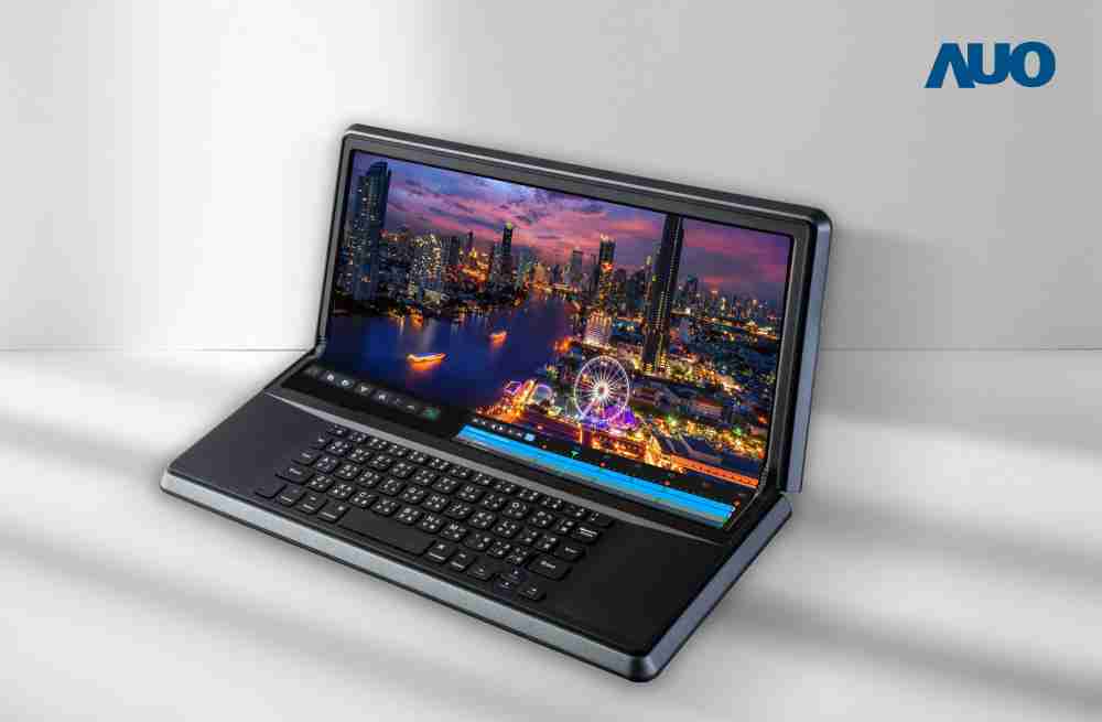 传奇国际14.6吋Micro LED折迭显示屏幕，，，搭配半径4mm的弯折绞炼，，，以及高画素、、、、高亮度、、高对比度的显示技术特点，，即便在大视角下仍保有绝佳色相与亮度